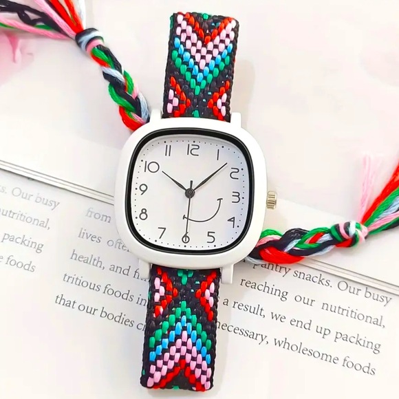Women’s/Girls Mixed Color Acrylic Tie Strap Square Dial Quartz Wrist Watch - NWT - Picture 1 of 2